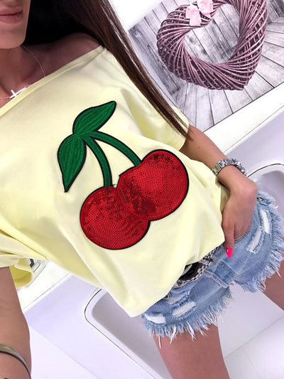 Cotton Blend Sequin Cherry Patch T-shirt