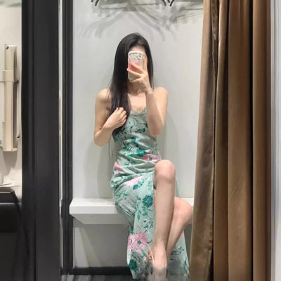 Linen Blend Floral Print Strapless Dress