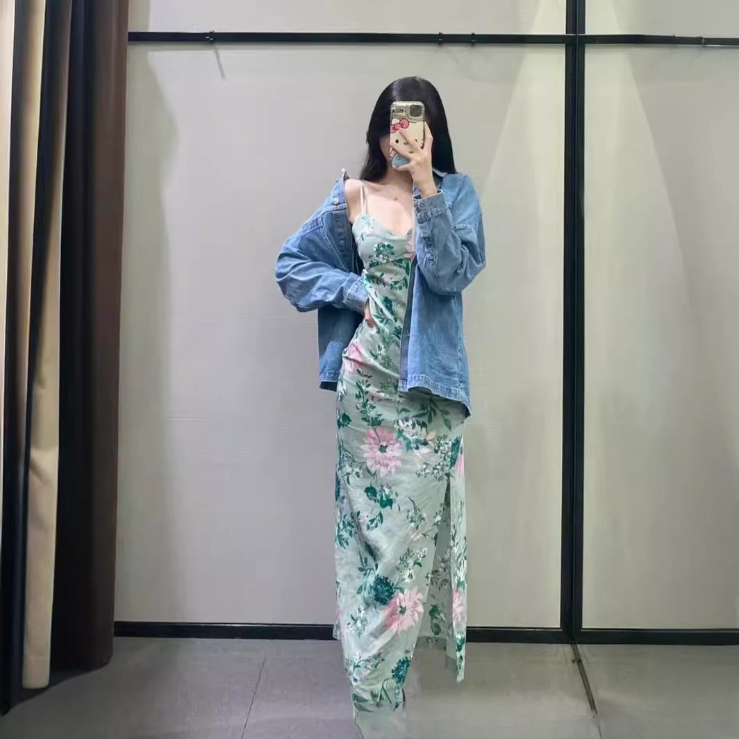 Linen Blend Floral Print Strapless Dress