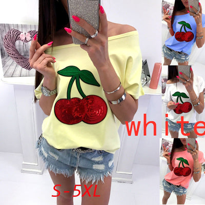 Cotton Blend Sequin Cherry Patch T-shirt