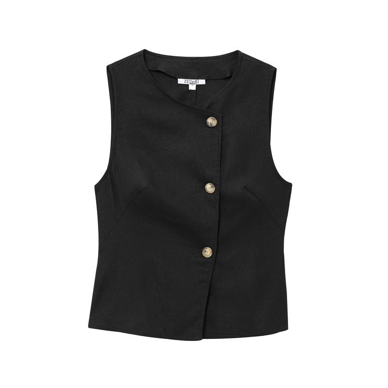 Linen Blend Double Breasted Vest Top With Belt Linen Blend Wide Leg Pants