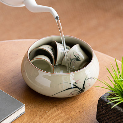 Hand Painted Grass Gray Orchid Large Tea Basin Ceramic Teaware Accessories