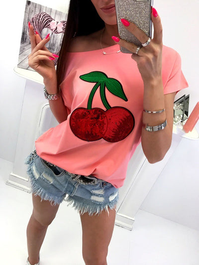 Cotton Blend Sequin Cherry Patch T-shirt
