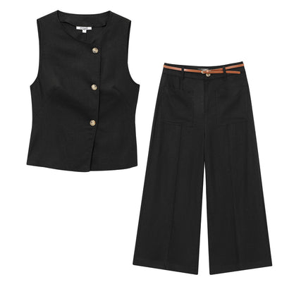 Linen Blend Double Breasted Vest Top With Belt Linen Blend Wide Leg Pants