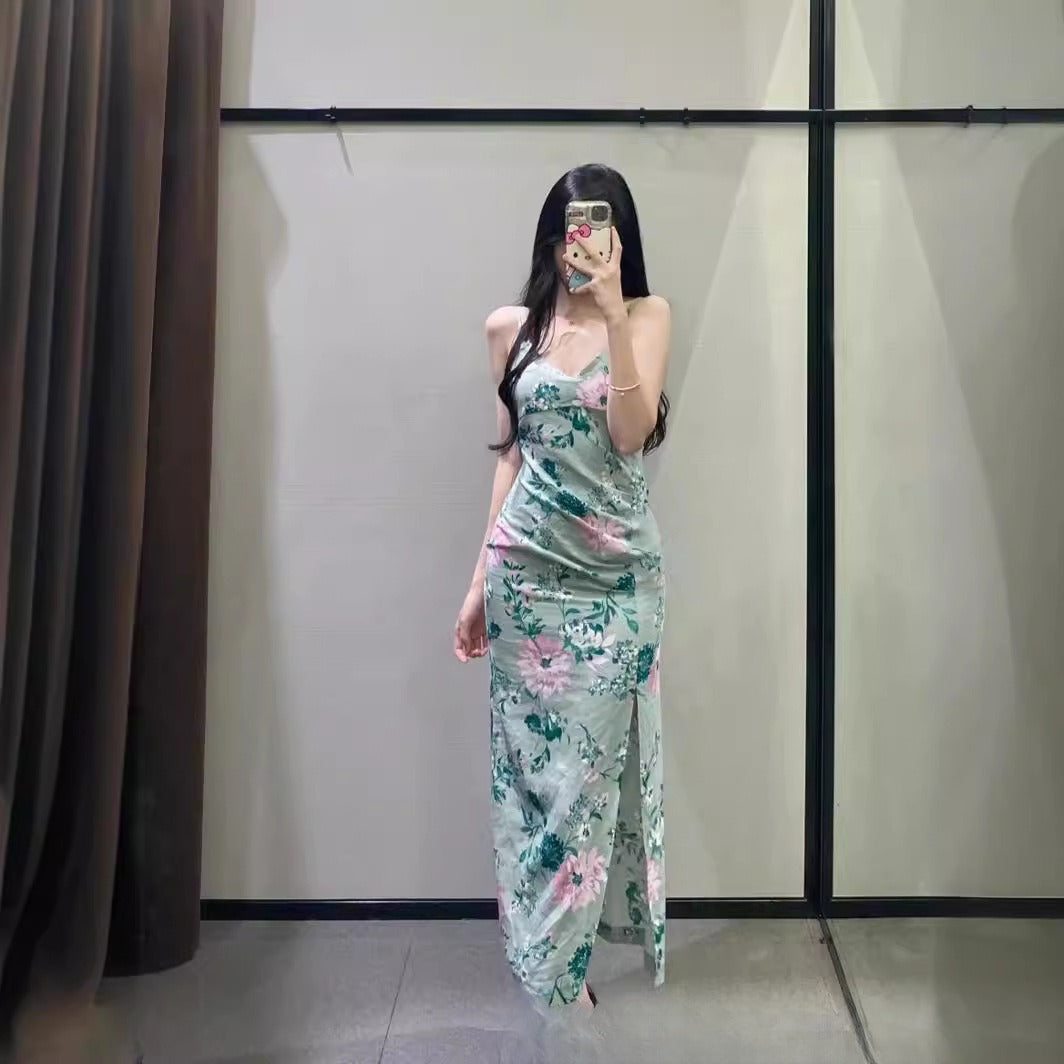 Linen Blend Floral Print Strapless Dress