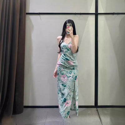 Linen Blend Floral Print Strapless Dress