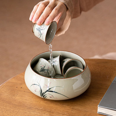 Hand Painted Grass Gray Orchid Large Tea Basin Ceramic Teaware Accessories