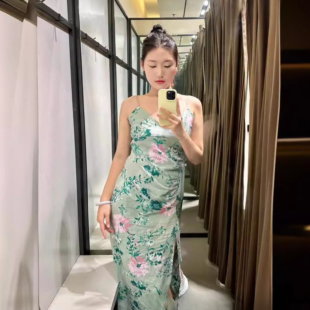 Linen Blend Floral Print Strapless Dress