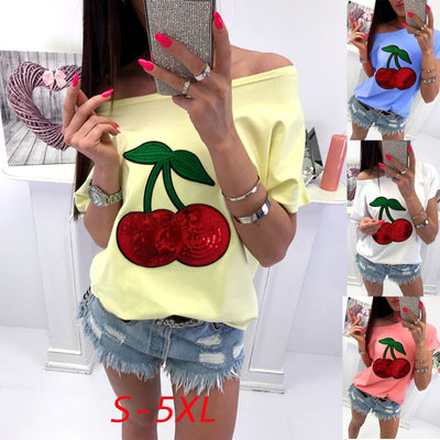 Cotton Blend Sequin Cherry Patch T-shirt