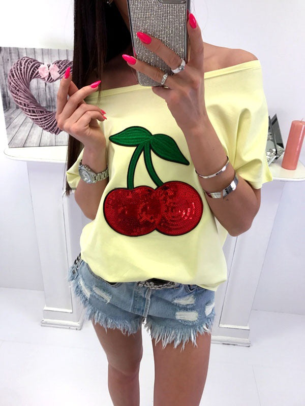 Cotton Blend Sequin Cherry Patch T-shirt