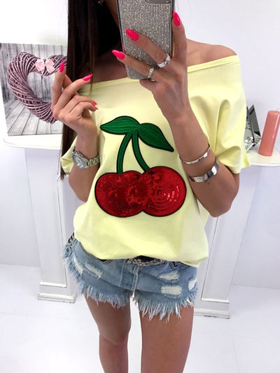 Cotton Blend Sequin Cherry Patch T-shirt