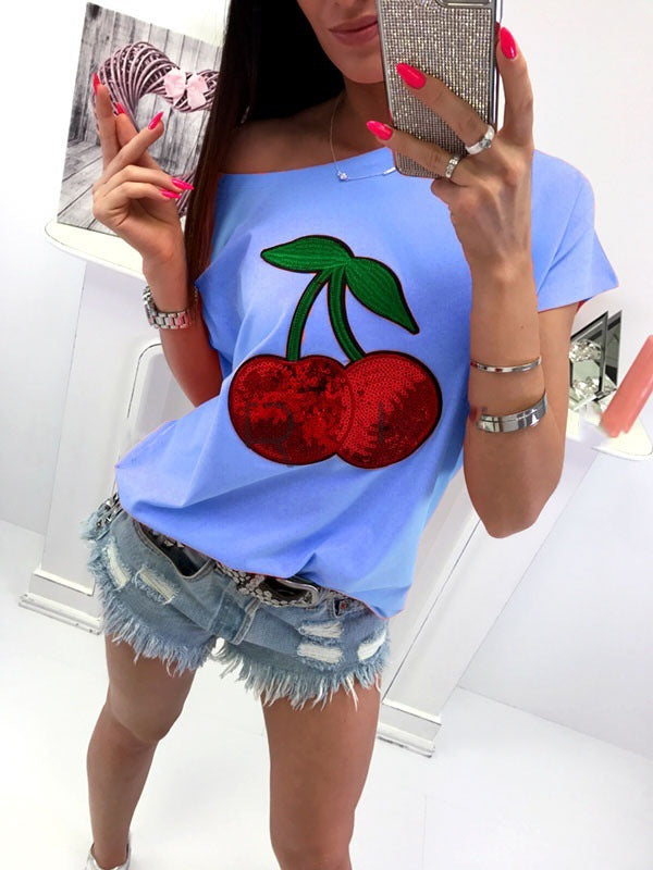 Cotton Blend Sequin Cherry Patch T-shirt
