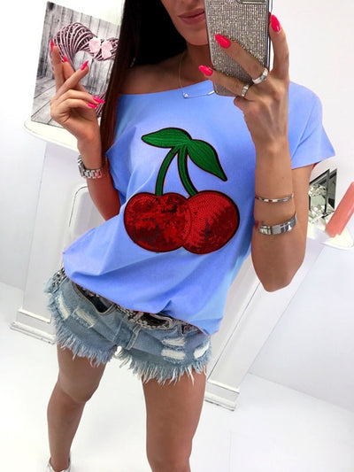 Cotton Blend Sequin Cherry Patch T-shirt