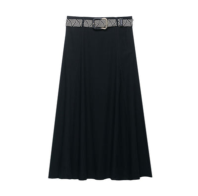 Belt Linen Blend Midi Skirt Skirt