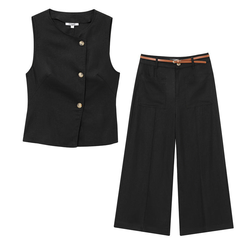 Linen Blend Double Breasted Vest Top With Belt Linen Blend Wide Leg Pants